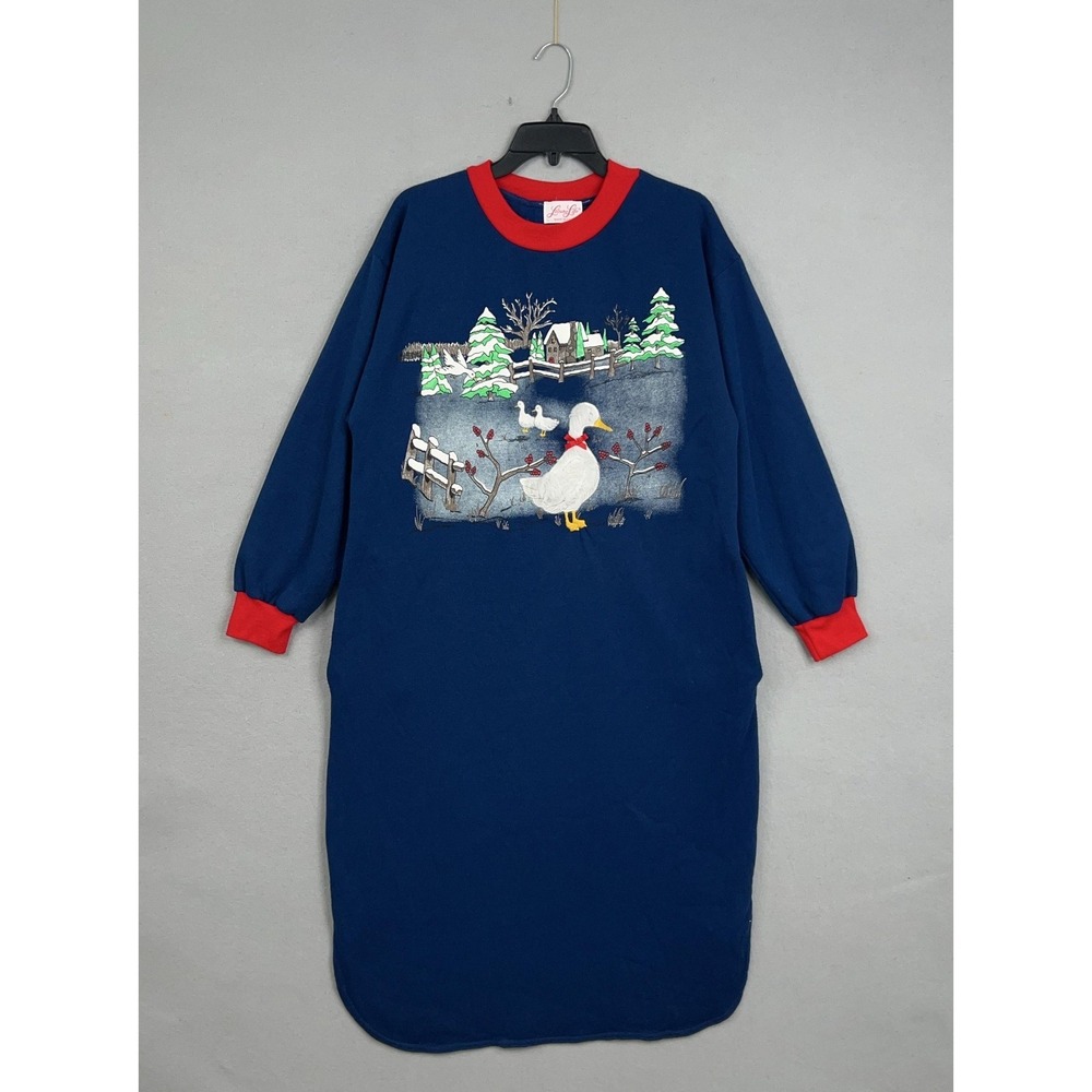 Vintage Leisure Life Nightgown Womens Large Blue Ducks Winter Applique Made USA